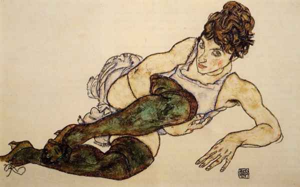 reclining woman in green stockings by egon schiele, austrian impressionist painter