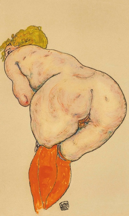 R�ckenakt mit orangefarbenen Str�mpfen by egon schiele, austrian impressionist painter