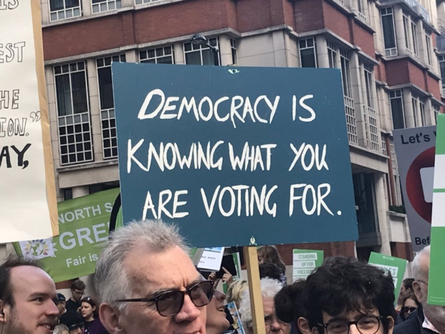 Democracy is knowing what you are voting for, a sign at the People's Vote March